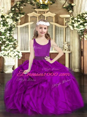 Fuchsia Ball Gowns Organza Scoop Sleeveless Beading and Ruffles Floor Length Zipper Pageant Gowns For Girls