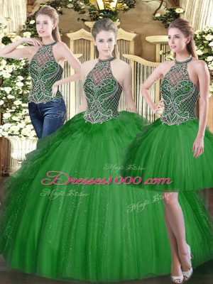 Most Popular Floor Length Dark Green Sweet 16 Dress High-neck Sleeveless Lace Up