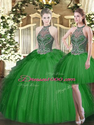 Most Popular Floor Length Dark Green Sweet 16 Dress High-neck Sleeveless Lace Up