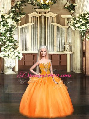 Sweetheart Sleeveless Sweet 16 Dresses Floor Length Beading and Ruffles Orange Red Tulle