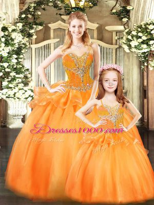 Sweetheart Sleeveless Sweet 16 Dresses Floor Length Beading and Ruffles Orange Red Tulle