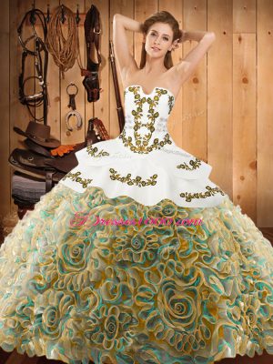 Superior Multi-color Satin and Fabric With Rolling Flowers Lace Up Sweet 16 Dresses Sleeveless With Train Sweep Train Embroidery