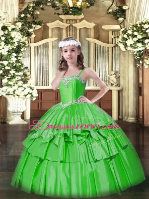 Hot Selling Green Ball Gowns Beading and Ruffled Layers Pageant Dress Womens Lace Up Organza and Taffeta Sleeveless Floor Length