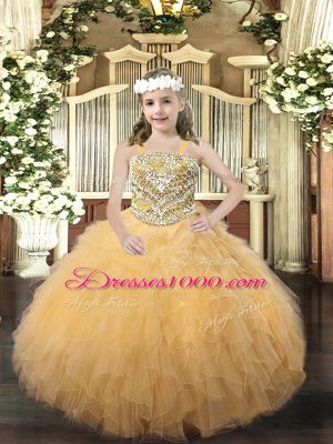 Beading and Ruffles Custom Made Gold Lace Up Sleeveless Floor Length