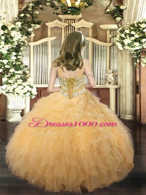 Beading and Ruffles Custom Made Gold Lace Up Sleeveless Floor Length