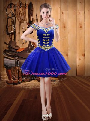 Royal Blue Organza Lace Up Off The Shoulder Sleeveless Mini Length Homecoming Dress Embroidery