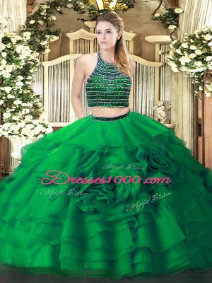 Unique Floor Length Zipper Quinceanera Dress Green for Military Ball and Sweet 16 and Quinceanera with Beading and Ruffled Layers
