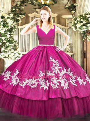 Suitable Fuchsia Sleeveless Floor Length Embroidery Zipper Quinceanera Gown
