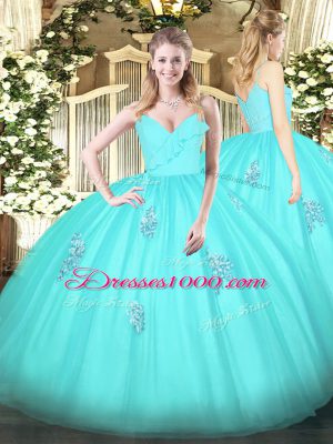 Aqua Blue Quinceanera Dress Military Ball and Sweet 16 and Quinceanera with Appliques Spaghetti Straps Sleeveless Zipper