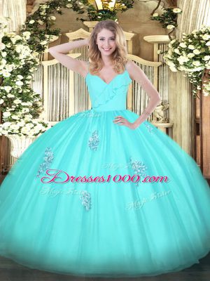 Aqua Blue Quinceanera Dress Military Ball and Sweet 16 and Quinceanera with Appliques Spaghetti Straps Sleeveless Zipper