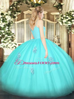 Aqua Blue Quinceanera Dress Military Ball and Sweet 16 and Quinceanera with Appliques Spaghetti Straps Sleeveless Zipper