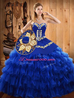 Blue Sweetheart Lace Up Embroidery and Ruffled Layers Quince Ball Gowns Sleeveless