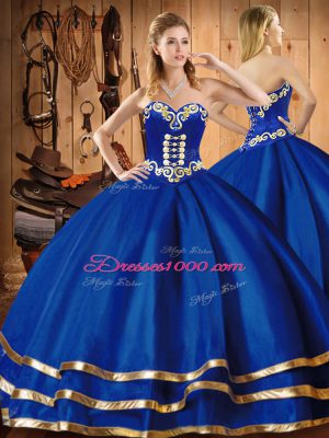 Deluxe Floor Length Three Pieces Sleeveless Blue Quince Ball Gowns Lace Up