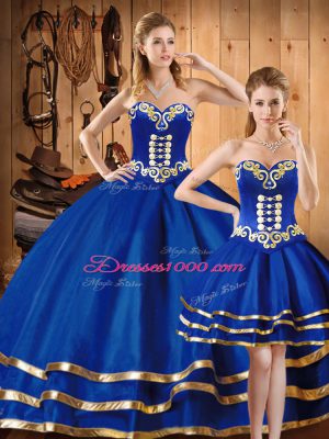 Deluxe Floor Length Three Pieces Sleeveless Blue Quince Ball Gowns Lace Up