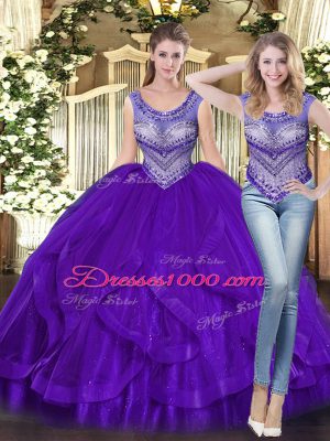 Great Scoop Sleeveless Vestidos de Quinceanera Floor Length Beading and Ruffles Purple Tulle