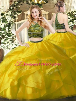 Yellow Zipper Ball Gown Prom Dress Beading and Ruffles Sleeveless Floor Length