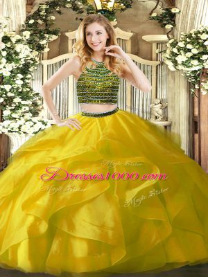Yellow Zipper Ball Gown Prom Dress Beading and Ruffles Sleeveless Floor Length