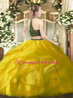 Yellow Zipper Ball Gown Prom Dress Beading and Ruffles Sleeveless Floor Length