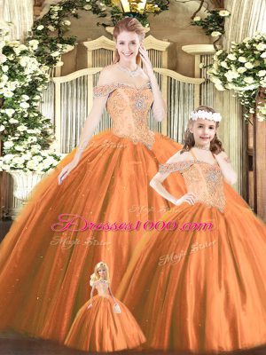 Custom Design Floor Length Ball Gowns Sleeveless Orange Red Quinceanera Gowns Lace Up