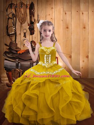 Beautiful Sleeveless Lace Up Floor Length Embroidery and Ruffles Little Girls Pageant Gowns