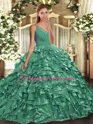 Deluxe Sleeveless Floor Length Beading and Ruffles Backless 15th Birthday Dress with Apple Green