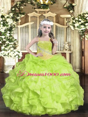 Yellow Green Organza Lace Up Little Girls Pageant Gowns Sleeveless Floor Length Beading