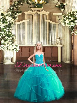 Top Selling Ruffles Ball Gown Prom Dress Aqua Blue Lace Up Sleeveless Floor Length