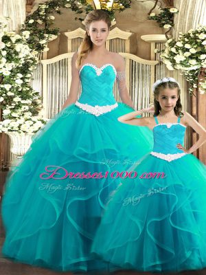 Top Selling Ruffles Ball Gown Prom Dress Aqua Blue Lace Up Sleeveless Floor Length