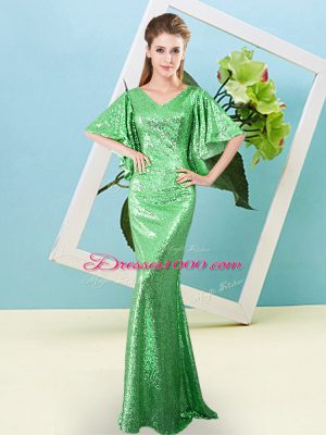 Vintage Sequins Prom Gown Green Zipper Half Sleeves Floor Length