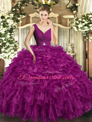 Top Selling Fuchsia Ball Gowns V-neck Sleeveless Organza Floor Length Backless Beading and Ruffles 15 Quinceanera Dress