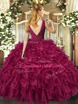 Top Selling Fuchsia Ball Gowns V-neck Sleeveless Organza Floor Length Backless Beading and Ruffles 15 Quinceanera Dress