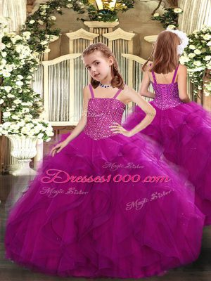 Elegant Beading and Ruffles Pageant Gowns For Girls Fuchsia Lace Up Sleeveless Floor Length