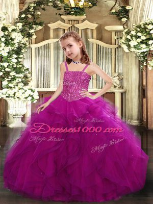 Elegant Beading and Ruffles Pageant Gowns For Girls Fuchsia Lace Up Sleeveless Floor Length