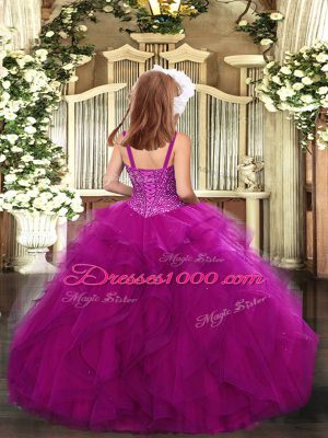 Elegant Beading and Ruffles Pageant Gowns For Girls Fuchsia Lace Up Sleeveless Floor Length