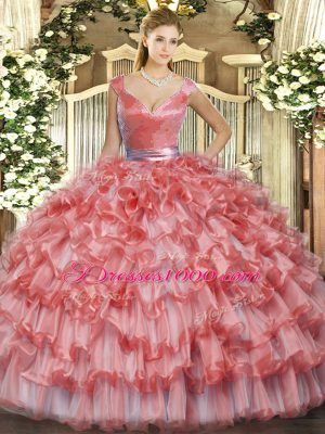 Organza V-neck Sleeveless Zipper Ruffled Layers Quinceanera Dress in Watermelon Red