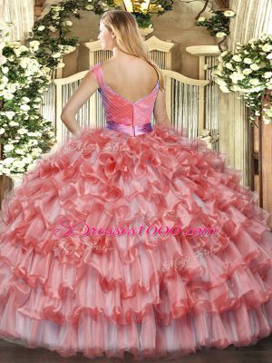 Organza V-neck Sleeveless Zipper Ruffled Layers Quinceanera Dress in Watermelon Red