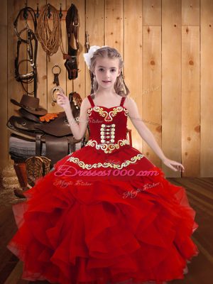 Inexpensive Red Straps Lace Up Embroidery and Ruffles Child Pageant Dress Sleeveless