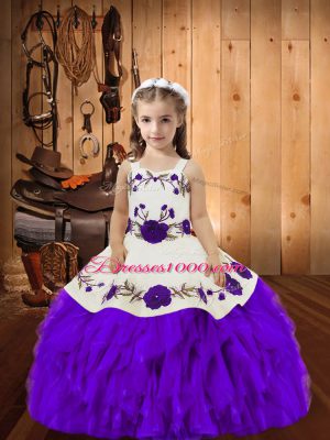 Excellent Eggplant Purple Lace Up Straps Embroidery and Ruffles Kids Pageant Dress Organza Sleeveless
