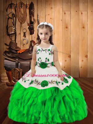 Green Ball Gowns Organza Straps Sleeveless Embroidery and Ruffles Floor Length Lace Up Winning Pageant Gowns