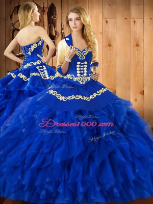 Blue Lace Up Sweetheart Embroidery and Ruffles 15th Birthday Dress Satin and Organza Sleeveless