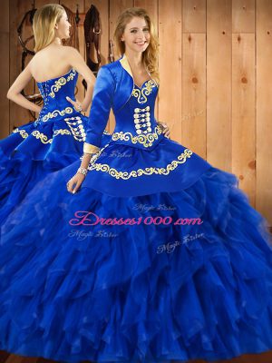 Blue Lace Up Sweetheart Embroidery and Ruffles 15th Birthday Dress Satin and Organza Sleeveless