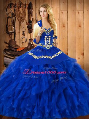 Blue Lace Up Sweetheart Embroidery and Ruffles 15th Birthday Dress Satin and Organza Sleeveless