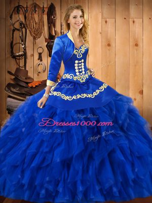 Blue Lace Up Sweetheart Embroidery and Ruffles 15th Birthday Dress Satin and Organza Sleeveless