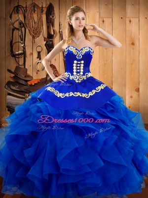 Cute Royal Blue Sweet 16 Dress Military Ball and Sweet 16 and Quinceanera with Embroidery and Ruffles Sweetheart Sleeveless Lace Up