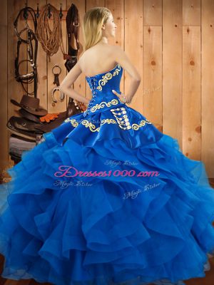 Cute Royal Blue Sweet 16 Dress Military Ball and Sweet 16 and Quinceanera with Embroidery and Ruffles Sweetheart Sleeveless Lace Up