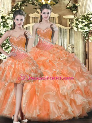 Orange Red Lace Up Quince Ball Gowns Beading and Ruffles Sleeveless Floor Length