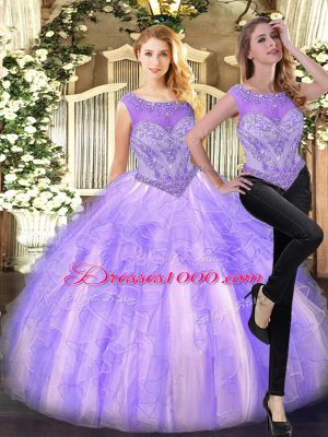 Lilac Tulle Zipper Scoop Sleeveless Floor Length Quinceanera Dresses Beading and Ruffles