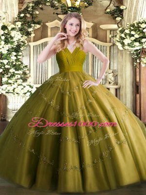 Olive Green Ball Gowns Beading Quinceanera Gowns Zipper Tulle Sleeveless Floor Length