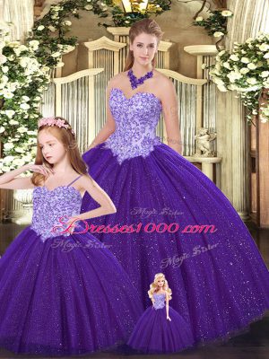 Dramatic Floor Length Ball Gowns Sleeveless Purple Quinceanera Dress Lace Up