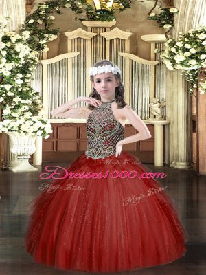 High End Wine Red Ball Gowns Beading and Ruffles Pageant Dress for Womens Lace Up Tulle Sleeveless Floor Length